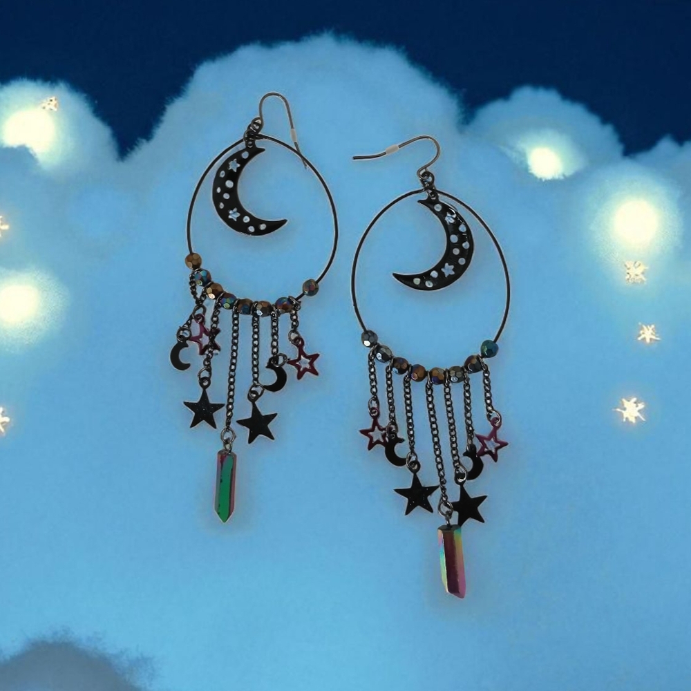 Hot Topic Black Celestial Moon Long Chandelier Dangle Earrings - Picture 7 of 7